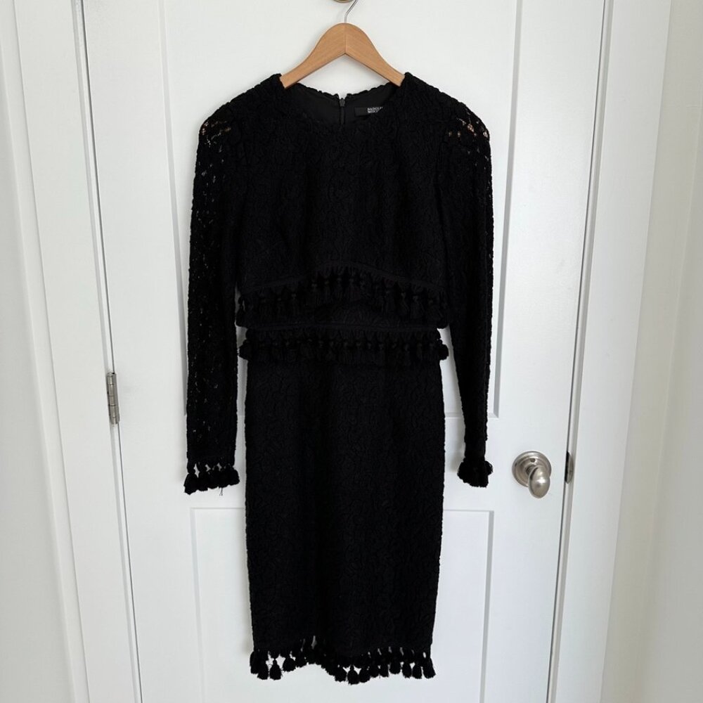 BADGLEY MISCHKA BLACK  MID LENGTH DRESS WITH TASSEL DETAILING. SIZE 2